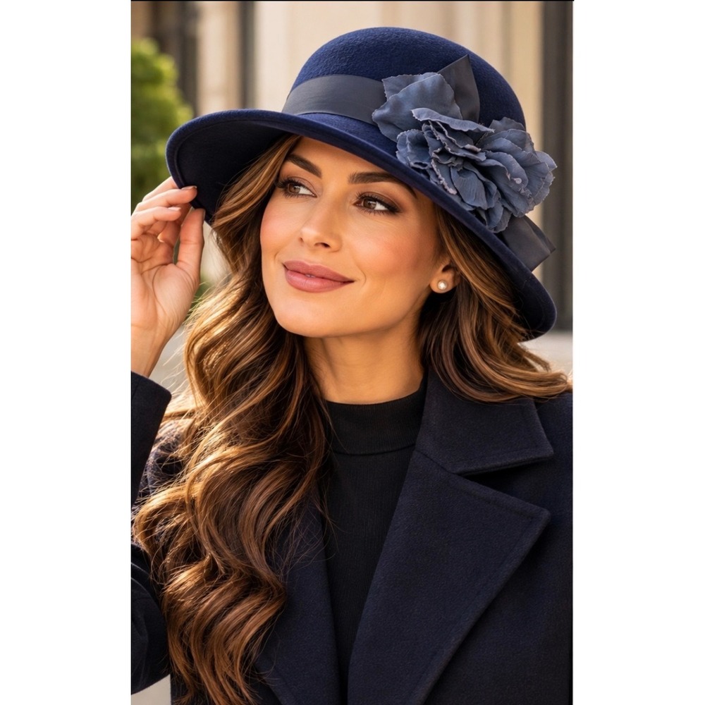 Vintage Navy Wool Felt Cloche Hat Flower Embellished Ribbon Band USA Made Womens